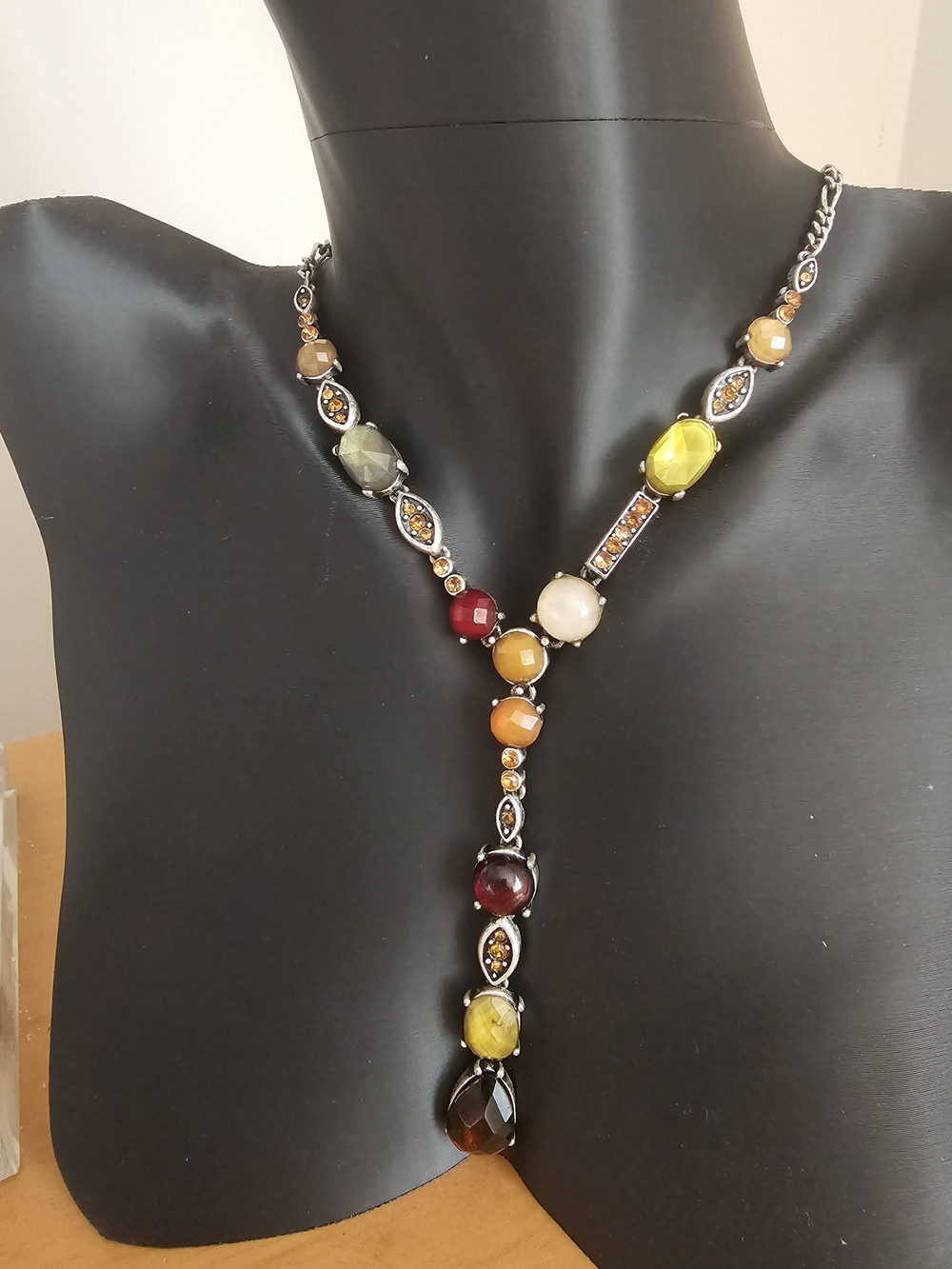 Vintage Multicolor Gemstone Y-Necklace Antique Silver And Stamped